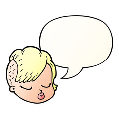 cartoon female face and speech bubble in smooth gradient style