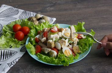 Salad with chicken, red tomatoes, eggs, cabbage, croutons and Caesar sauce
