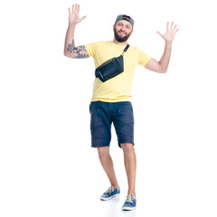 Man in shorts and cap standing happiness smiling on white background isolation