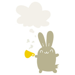 cute cartoon rabbit drinking coffee and thought bubble in retro style