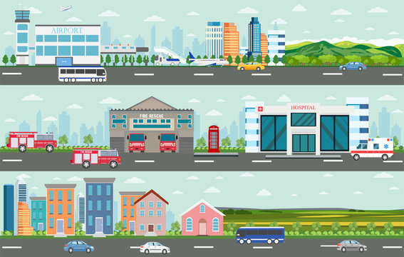 Vector of urban big cityscape and rural area