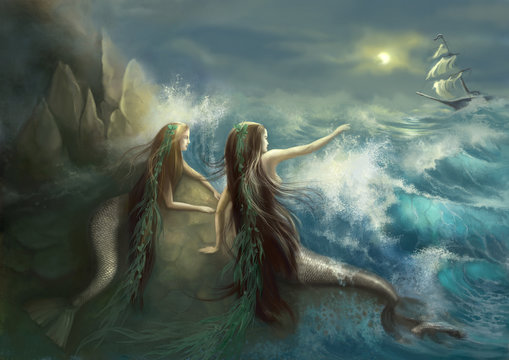 Hunting two mermaids in the rocks on the background of a stormy ocean and the raging waves. fishing. Digital illustration. Digital painting. Digital art.