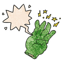 cartoon spooky magic hand and speech bubble in retro texture style