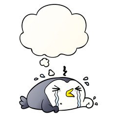 cartoon crying penguin and thought bubble in smooth gradient style