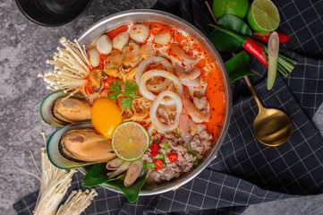 Tom yum kung. Thai food style Seafood Hot Pot. Traditional Thai style food