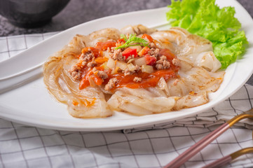 Asia food. Udon noodles with chicken