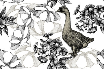 Goose with roses and phloxes, seamless pattern. Hand drawing, vector illustration. - 276762265