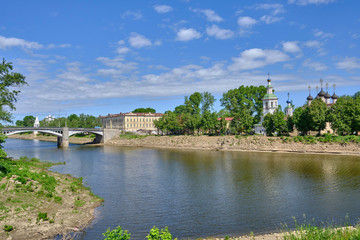 Scenic view of river in ancient touristic town Vologda in Russian Federation. Beautiful summer sunny look of water in urban area of capital of russian province