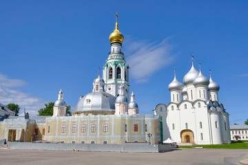 Scenic view of old kremlin in ancient touristic town Vologda in Russian Federation. Beautiful summer sunny look of ancient orthodox temple in fortress in urban area of capital of russian province