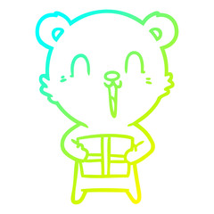 cold gradient line drawing happy cartoon bear with christmas gift