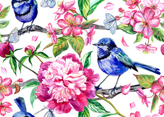 Seamless pattern with blue birds, peonies and apple blossoms on a white background, watercolor illustration.