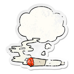 cartoon cigarette and thought bubble as a distressed worn sticker