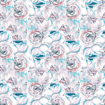 Watercolor hand painted blue and pink gentle peonies blossom illustration seamless pattern 