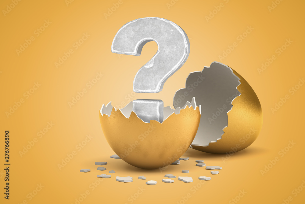 Poster 3d rendering of stone question mark hatching out of golden egg on yellow background