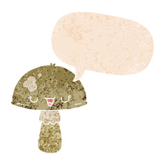 cartoon mushroom and speech bubble in retro textured style