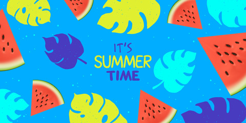 Summer background. Tropical leaves with sliced watermelon. Vector illustration.
