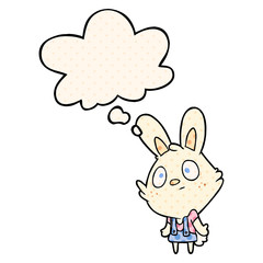 cartoon rabbit shrugging shoulders and thought bubble in comic book style