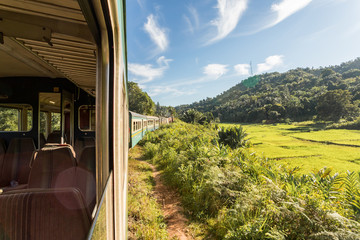 Old diesel train in the tropical countryside of east Madagascar between Fianarantsoa  and Manakara.