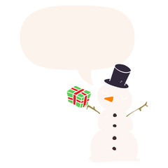 cartoon snowman and speech bubble in retro style