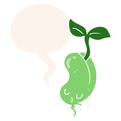 cartoon sprouting bean and speech bubble in retro style