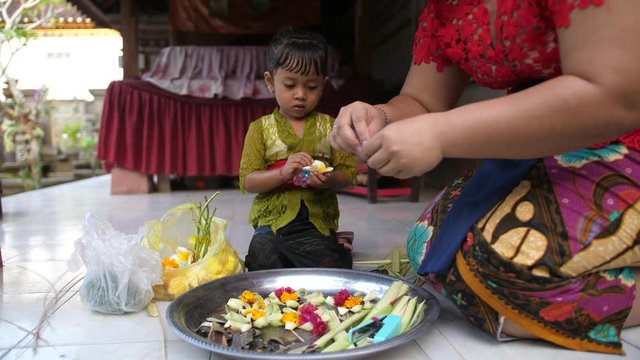 Little girl in Bali helping mom make decorations for religious offerings by breaking up flowers and using the petals. Cultural and religious practices of Indonesia with Hinduism.