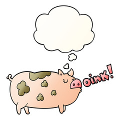 cartoon oinking pig and thought bubble in smooth gradient style