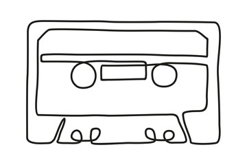 Vector one line drawing, audio cassette isolated on white background.