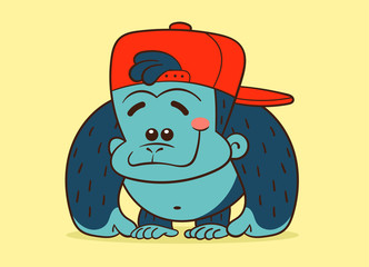 Cute cartoon gorilla with hat smiling. This vector character has a modern humor design. You can easily edit the colors. It will help your project, party, website, pattern, wallpaper or sticker.
