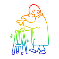 rainbow gradient line drawing cartoon old man pointing