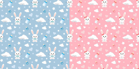 Vector seamless pattern set with rabbit, clouds, stars, dummy, baby bottles on blue and pink background for boy and girl