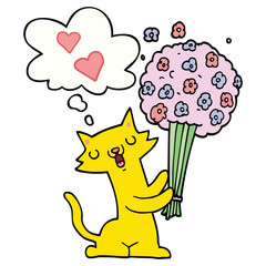 cartoon cat in love with flowers and thought bubble