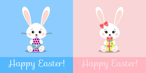 Fototapeta na wymiar Greeting card with sweet white easter rabbits boy and girl holding gift egg.