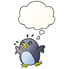cartoon frightened penguin and thought bubble in smooth gradient style