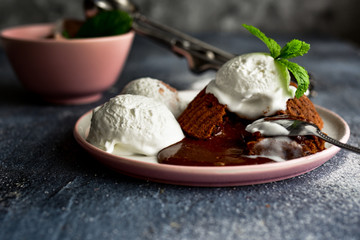Lava cake. Lava cake with vanilla ice cream. Chocolate souffle.