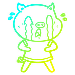 cold gradient line drawing crying pig cartoon wearing human clothes