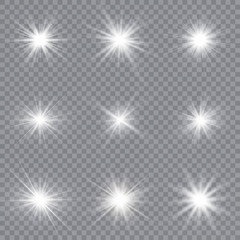 White glowing light explodes on a transparent background. Sparkling magical dust particles. Bright Star. Transparent shining sun, bright flash. Vector illustration.