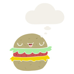 cartoon burger and thought bubble in retro style