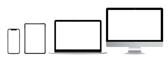 computer, tablet, laptop and smartphone on a white background