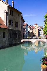 Fototapeta na wymiar Beautiful view of houses and river on a sunny day.Annecy.France.