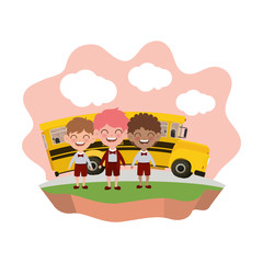 students boys with school bus on the highway