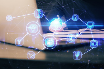 Man's hands working with notes background. Social networking scheme . Mixed media