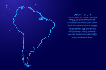 South America continent map from the contour blue brush lines different thickness and glowing stars on dark background. Vector illustration.