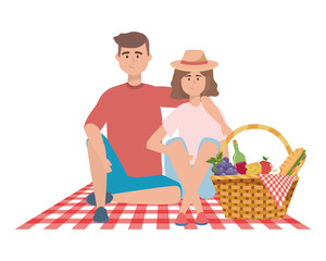 Couple of woman and man having picnic design