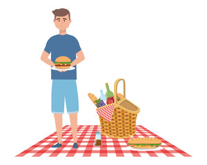 Man cartoon having picnic design