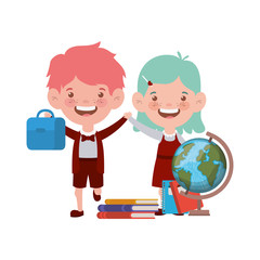 couple of students with school supplies on white background