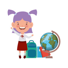 student girl with school supplies on white background