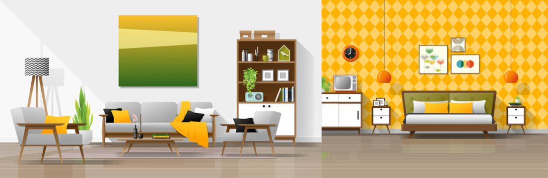 Vintage house interior background with living room and bedroom combination , vector , illustration