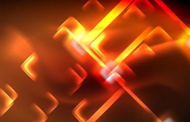 Neon glowing techno lines, hi-tech futuristic abstract background template with square shapes