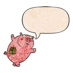 funny cartoon pig and speech bubble in retro texture style