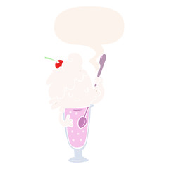 cartoon ice cream soda girl and speech bubble in retro style